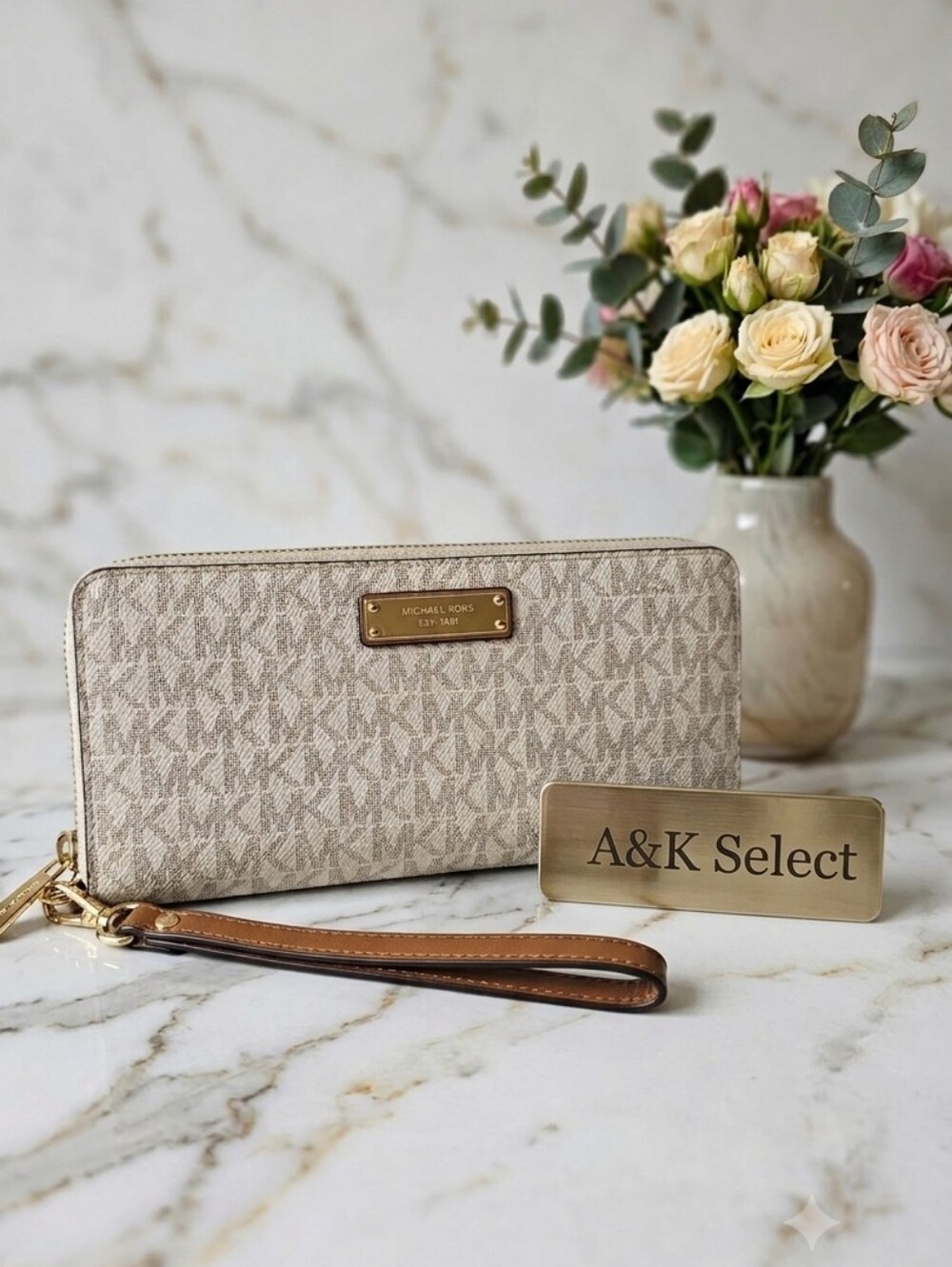 Michael Kors Beige Signature Zip-Around Wallet Wristlet